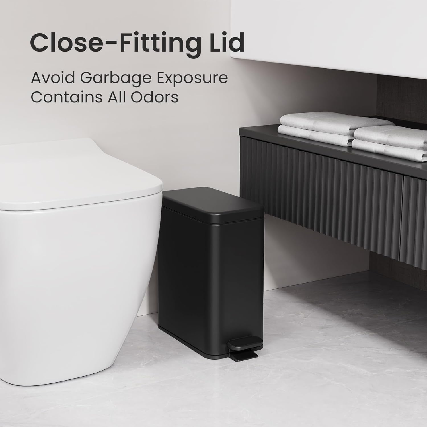 Bathroom Trash Can with Lid, 2.6 Gallon Small Black Bathroom Garbage Can Soft Close, Stainless Steel Waste Basket with Step Pedal for Bedroom, Laundry Room, Living Room, Home Office, Toilet, RV