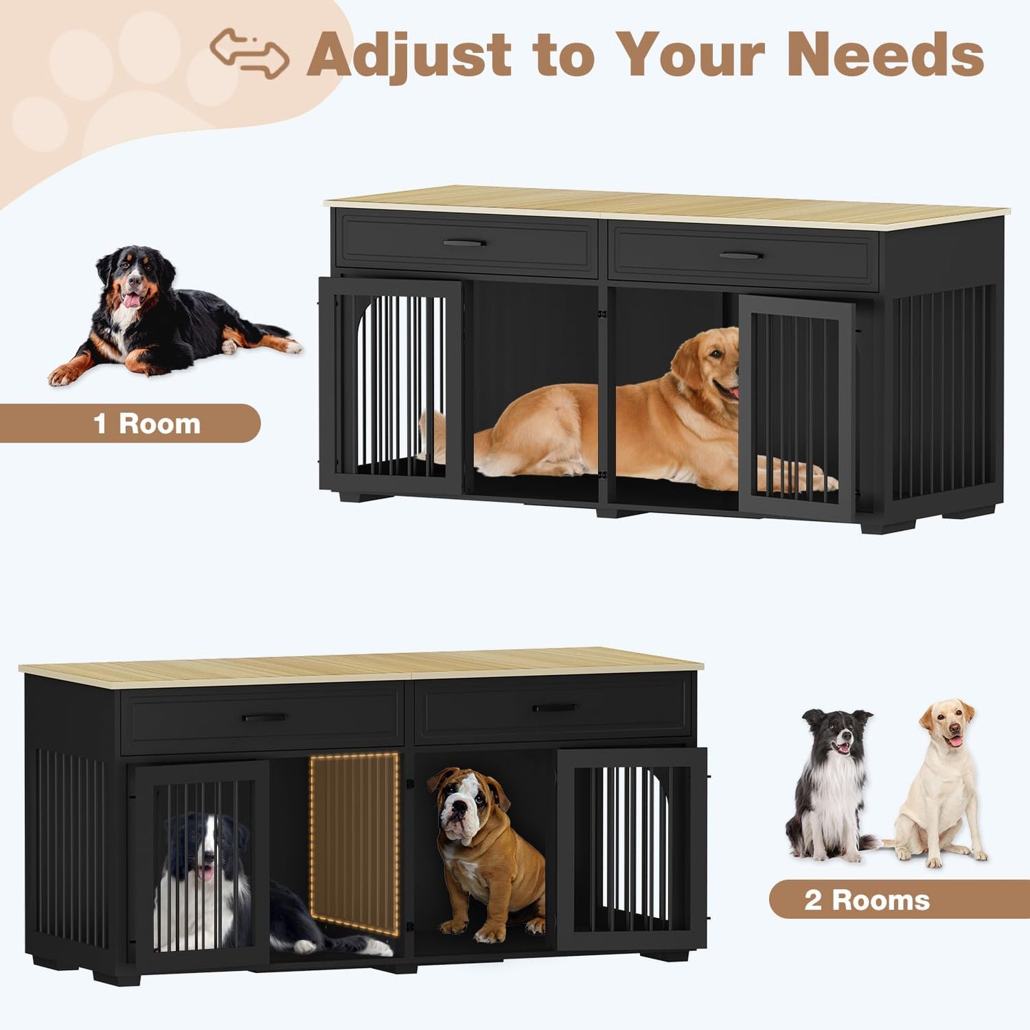 74.8'' Dog Crate Furniture, Wooden Dog Crate with 2 Drawers and Removable Divider, Heavy Duty Dog Kennel Indoor TV Stand for Small Large Medium Dogs, Black