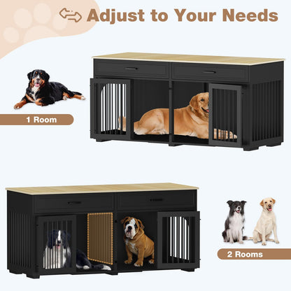 74.8'' Dog Crate Furniture, Wooden Dog Crate with 2 Drawers and Removable Divider, Heavy Duty Dog Kennel Indoor TV Stand for Small Large Medium Dogs, White