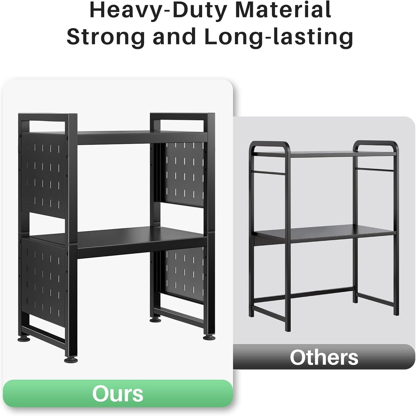 Microwave Stand, 3-Tier Expandable(17.4"- 27.4") Heavy Duty Adjustable Shelf Microwave Oven Rack, Kitchen Countertop Organizer and Storage with 9 Hooks & Cutting Board Holder, Holds up 180 Lbs, Black