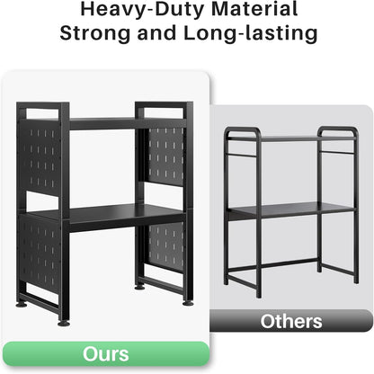 Microwave Stand, 3-Tier Expandable(17.4"- 27.4") Heavy Duty Adjustable Shelf Microwave Oven Rack, Kitchen Countertop Organizer and Storage with 9 Hooks & Cutting Board Holder, Holds up 180 Lbs, Black