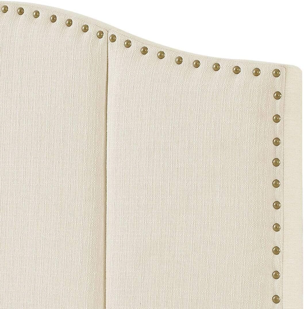 Middle Century Linen Upholstered Tufted King Size Headboard with Antique Brass Nail Heads Trim King/California King Headboard-Ivory