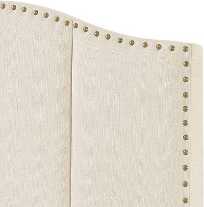 Middle Century Linen Upholstered Tufted King Size Headboard with Antique Brass Nail Heads Trim King/California King Headboard-Ivory