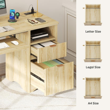 Computer Desk with Drawer, 55 Inch Office Desk with Power Outlet, Modern Home Office Desk with Keyboard Tray (Natual Oak, 55" W with Single-Sided Drawers)