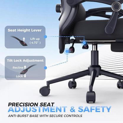 Ergonomic Office Chair with Footrest - Adjustable Lumbar Support & Headrest, 90-160° Reclining Mesh Back Computer Chair - Home Office/Gaming, 350Lbs Capacity