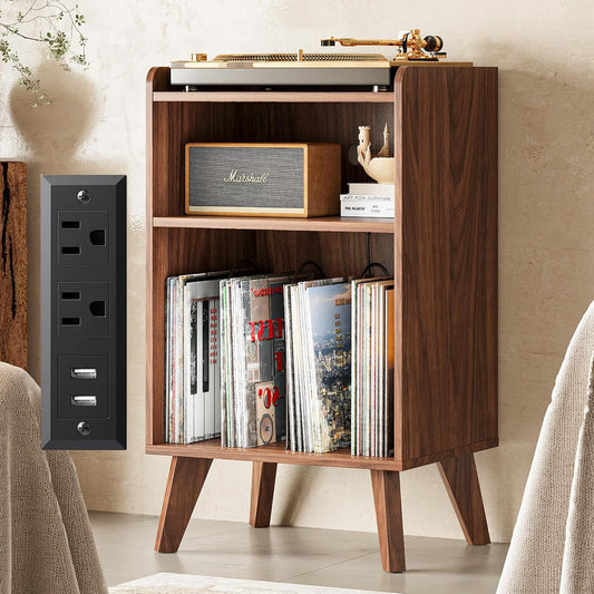 Record Player Stand, Turntable Stand with Record Storage and Charging Station & USB Ports, Record Player Table with Metal Divider, Record Stand up to 160 Albums for Living Room, Bedroom Walnut