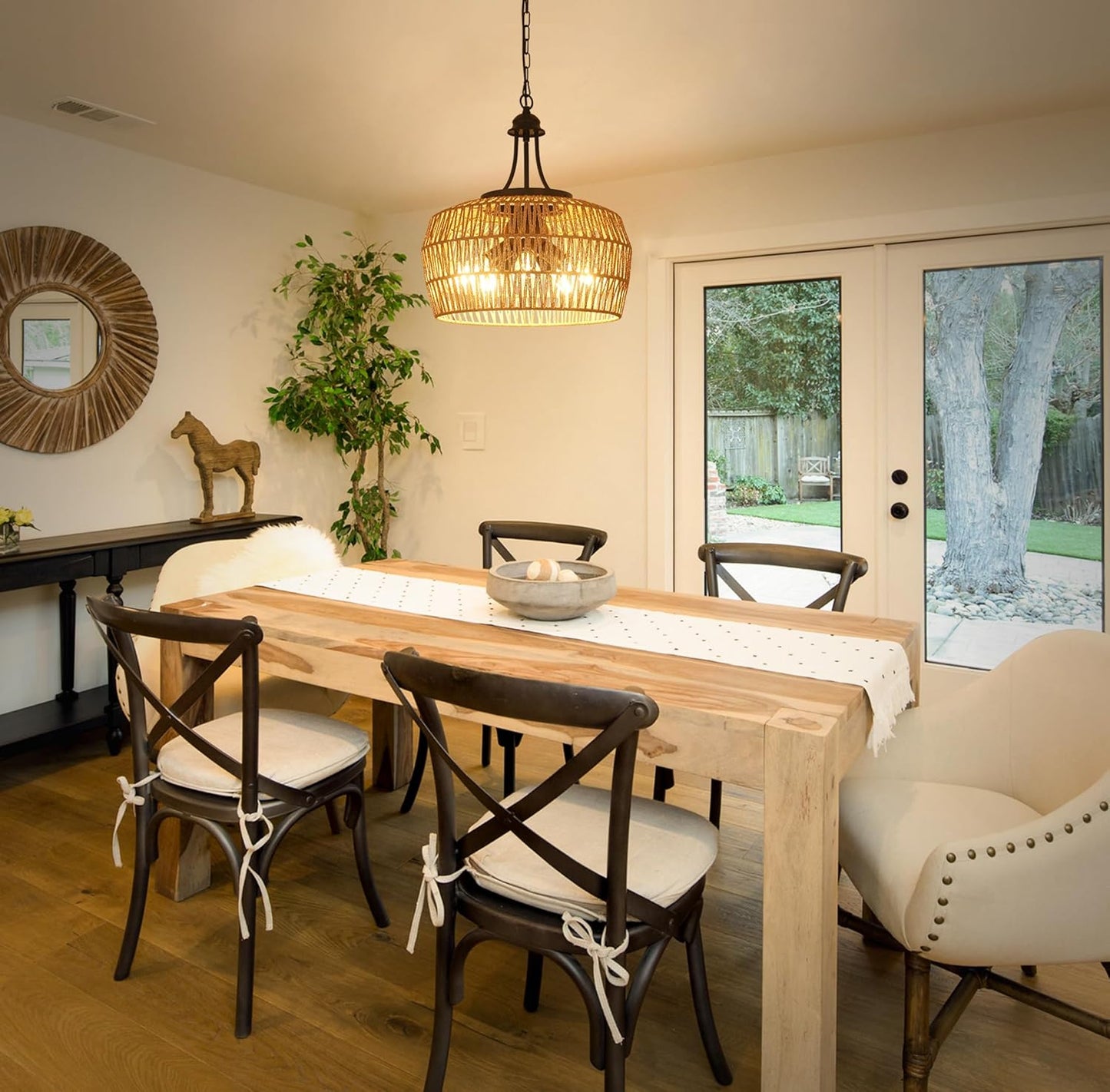 Large Farmhouse Chandeliers for Dining Room, 5-Light Rattan Boho Chandelier Light Fixture with Wicker Lampshade, Coastal Hanging Pendant Lighting for Kitchen Island Bedroom Living Room Nursery