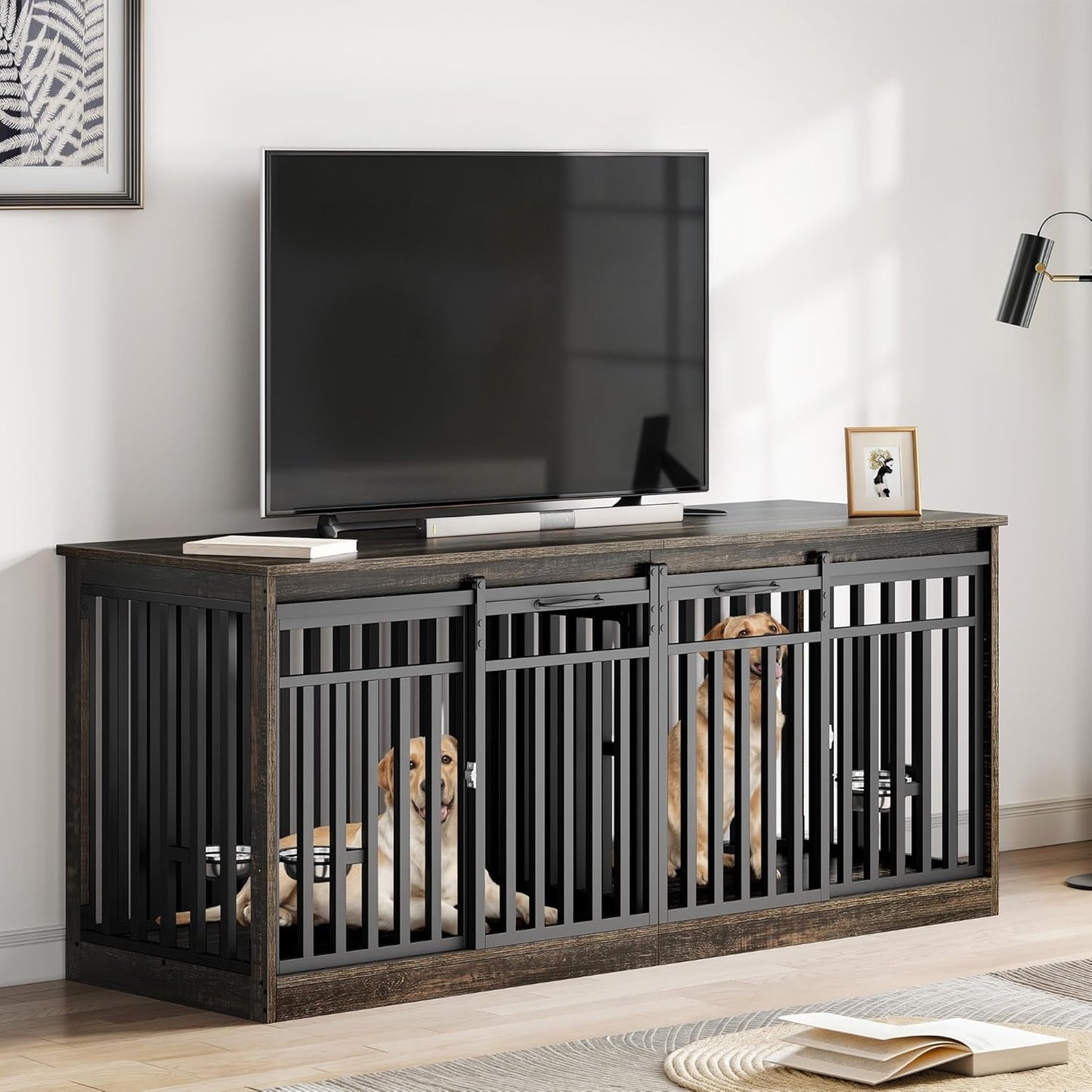 55" Extra Large Dog Crate Furniture, Heavy Duty Metal Dog Kennel TV Stand with Sliding Door, Wooden Dog Cage Table with Dog Bowl for Extra Large Medium Dogs or 2 Small Dogs Black Oak