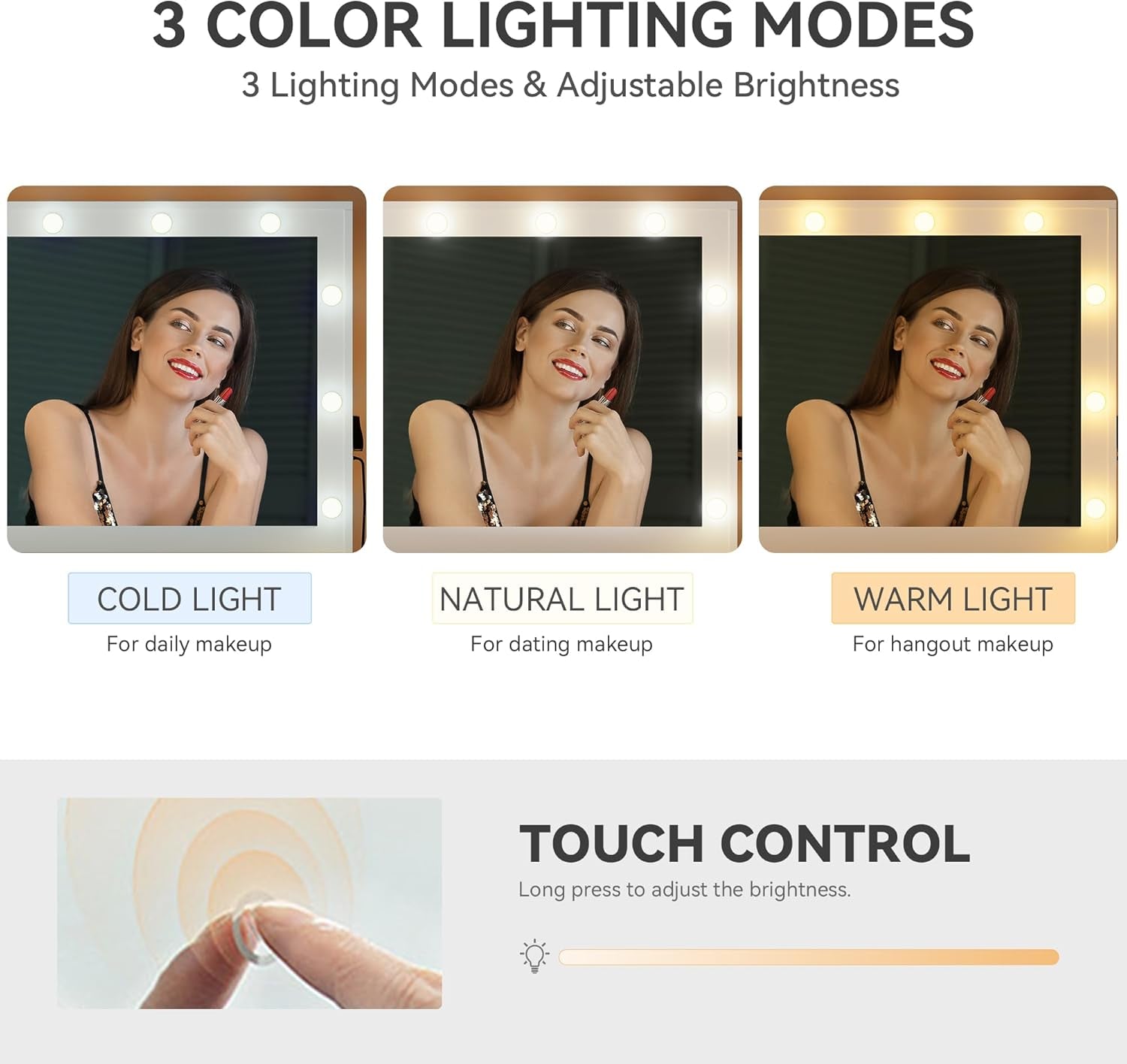 Vanity Desk Set with Mirror & Power Outlets, Vanity Table with Stool, 12 LED Bulbs, 3 Dimmable Light Colors, 10 Drawers, Hair Dryer Rack & Magnifying Mirror