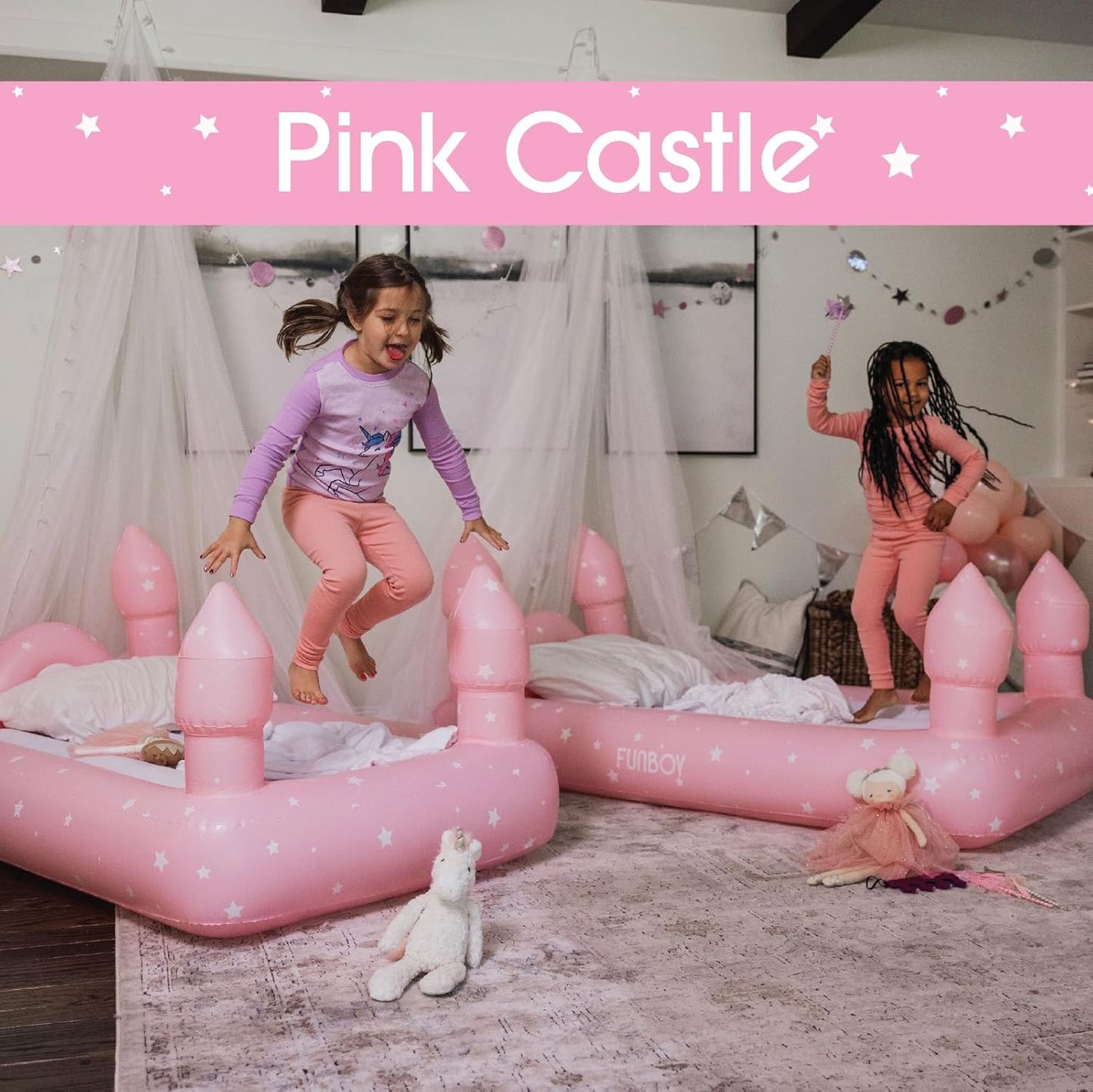 Kids Pink Castle Sleepover Travel Bed & Air Mattress. Perfect for Sleepovers. Includes Carrying Storage Bag, Twin