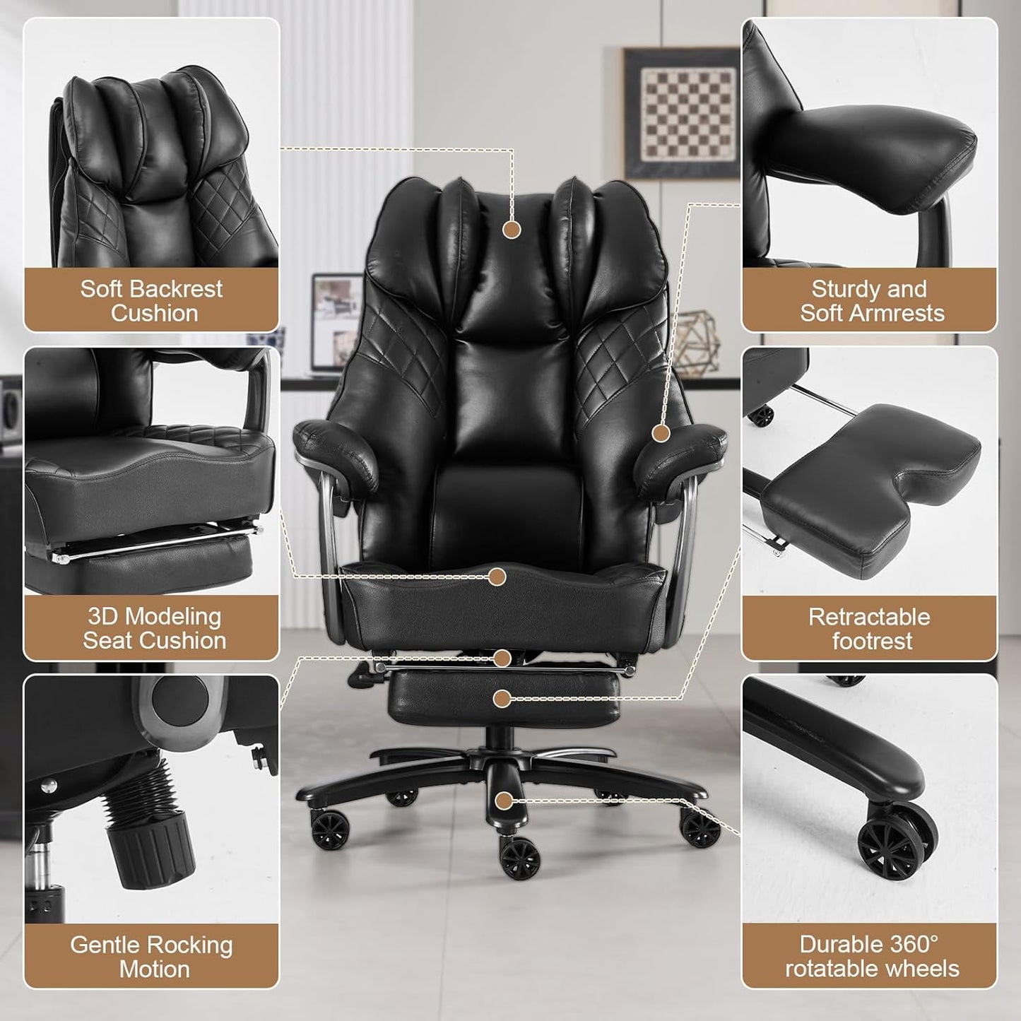 Big and Tall Office Chair 400Lbs for Heavy People, Wide Executive Office Chair with Foot Rest, High Back Ergonomic Desk Chairs Lumbar Support for Lower Back Pain, Leather Black