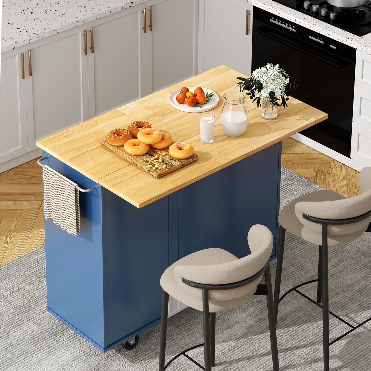 Kitchen Island with Folding Drop Leaf, Rolling Island Table with Storage, Kitchen Cabinet on Wheels with Seating Area for Kitchen, Bar Cart with Cabinet, Blue
