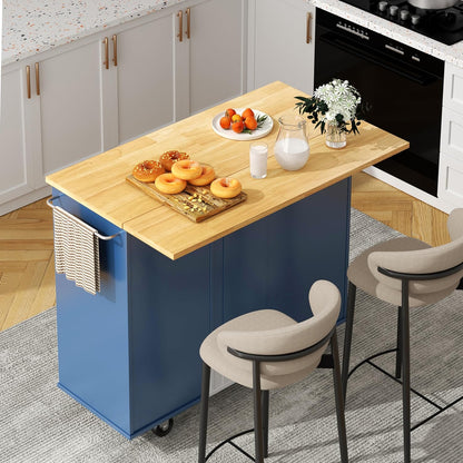 Kitchen Island with Folding Drop Leaf, Rolling Island Table with Storage, Kitchen Cabinet on Wheels with Seating Area for Kitchen, Bar Cart with Cabinet, Blue