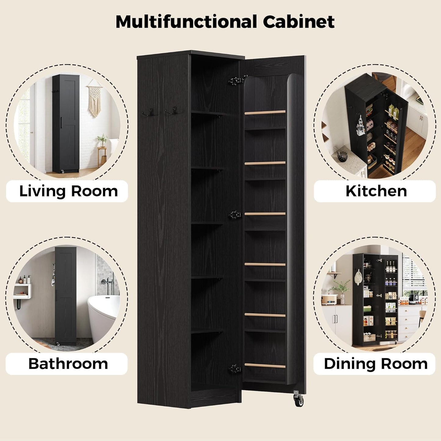 Narrow Kitchen Pantry Storage Cabinet, 72" Slim Single Door with 6 Adjustable Shelves, Door Rack and Wheels, Space Saving Freestanding Storage Floor Cabinet for Small Place, Black