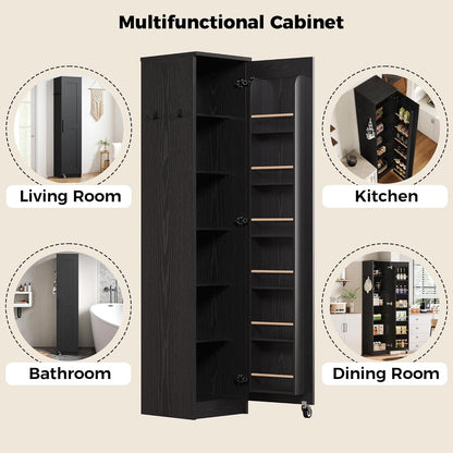 Narrow Kitchen Pantry Storage Cabinet, 72" Slim Single Door with 6 Adjustable Shelves, Door Rack and Wheels, Space Saving Freestanding Storage Floor Cabinet for Small Place, Black