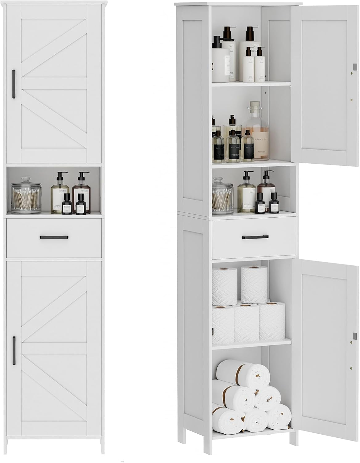 67" H Tall Bathroom Storage Cabinet with 2 Barn Doors and 1 Drawer, Narrow Storage Unit, Adjustable Shelves, Floor Cabinet for Bathroom, Living Room, Entryway, Kitchen, White, (15.7" W)