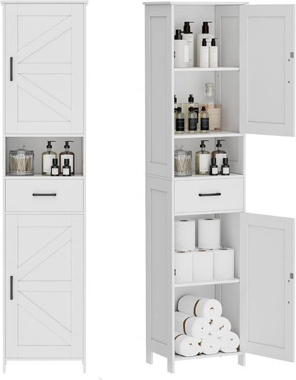 67" H Tall Bathroom Storage Cabinet with 2 Barn Doors and 1 Drawer, Narrow Storage Unit, Adjustable Shelves, Floor Cabinet for Bathroom, Living Room, Entryway, Kitchen, White, (15.7" W)