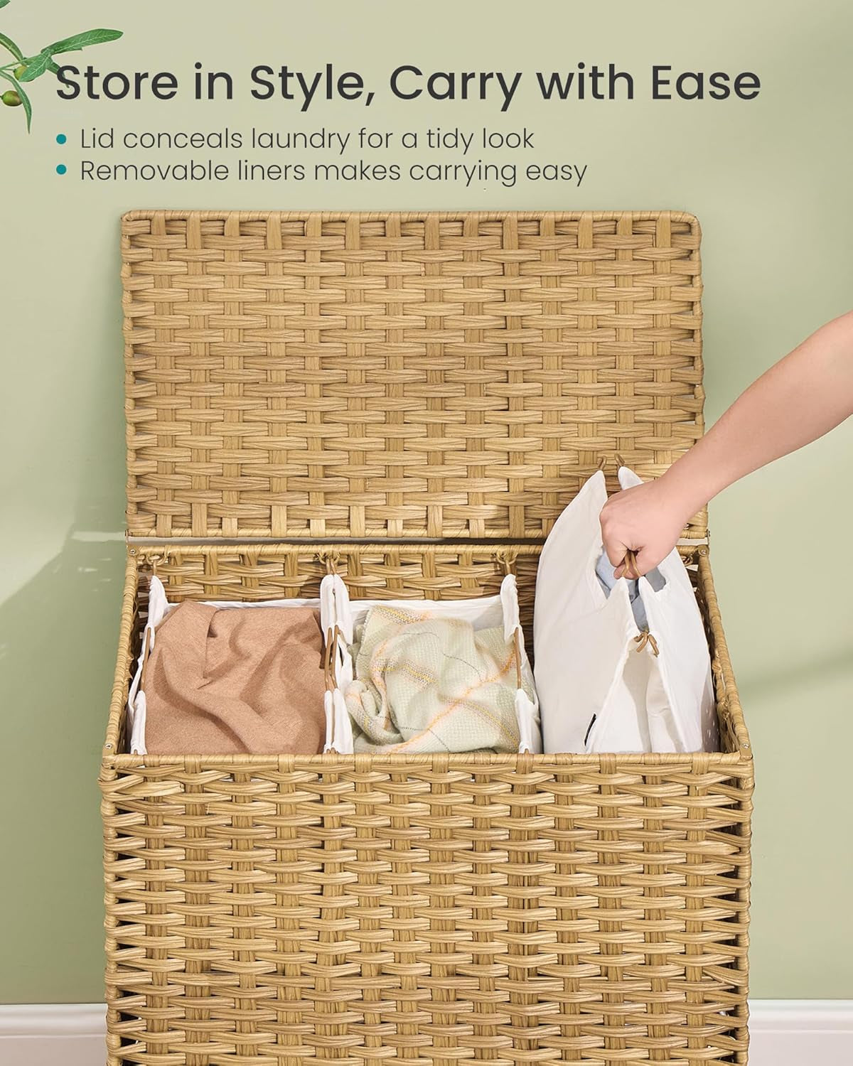 3-Section Laundry Hamper with Lid, 42.2 Gal (160L) PE Rattan Laundry Basket with Removable Washable Liners, for Bedroom & Living Room, Goose Yellow ULCB223YE01