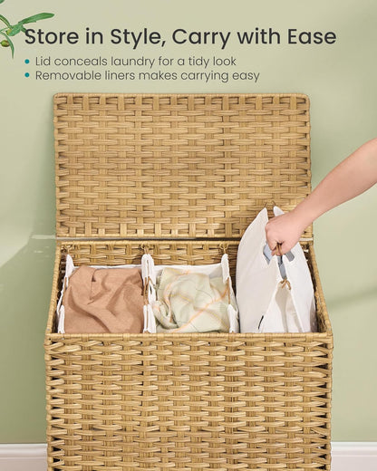 3-Section Laundry Hamper with Lid, 42.2 Gal (160L) PE Rattan Laundry Basket with Removable Washable Liners, for Bedroom & Living Room, Goose Yellow ULCB223YE01