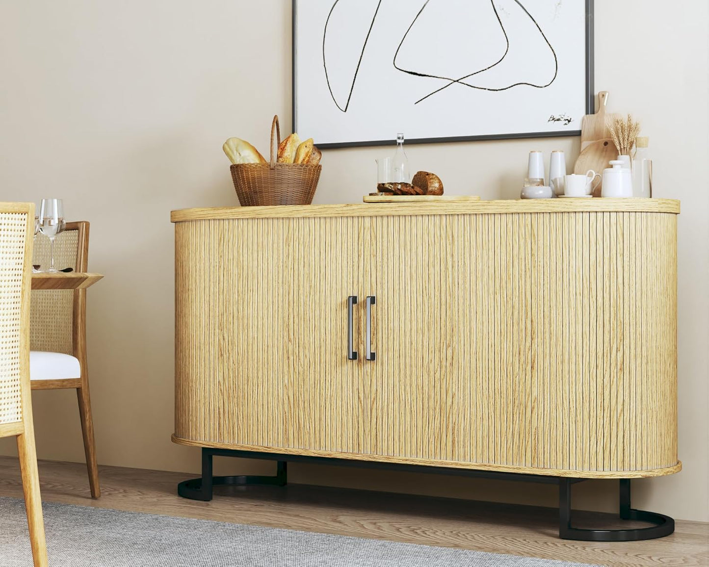 Sideboard Buffet Cabinet with Storage, 54.3" Fluted Tambour, Adjustable Shelves, Mid Century Modern Console for Living Room Kitchen
