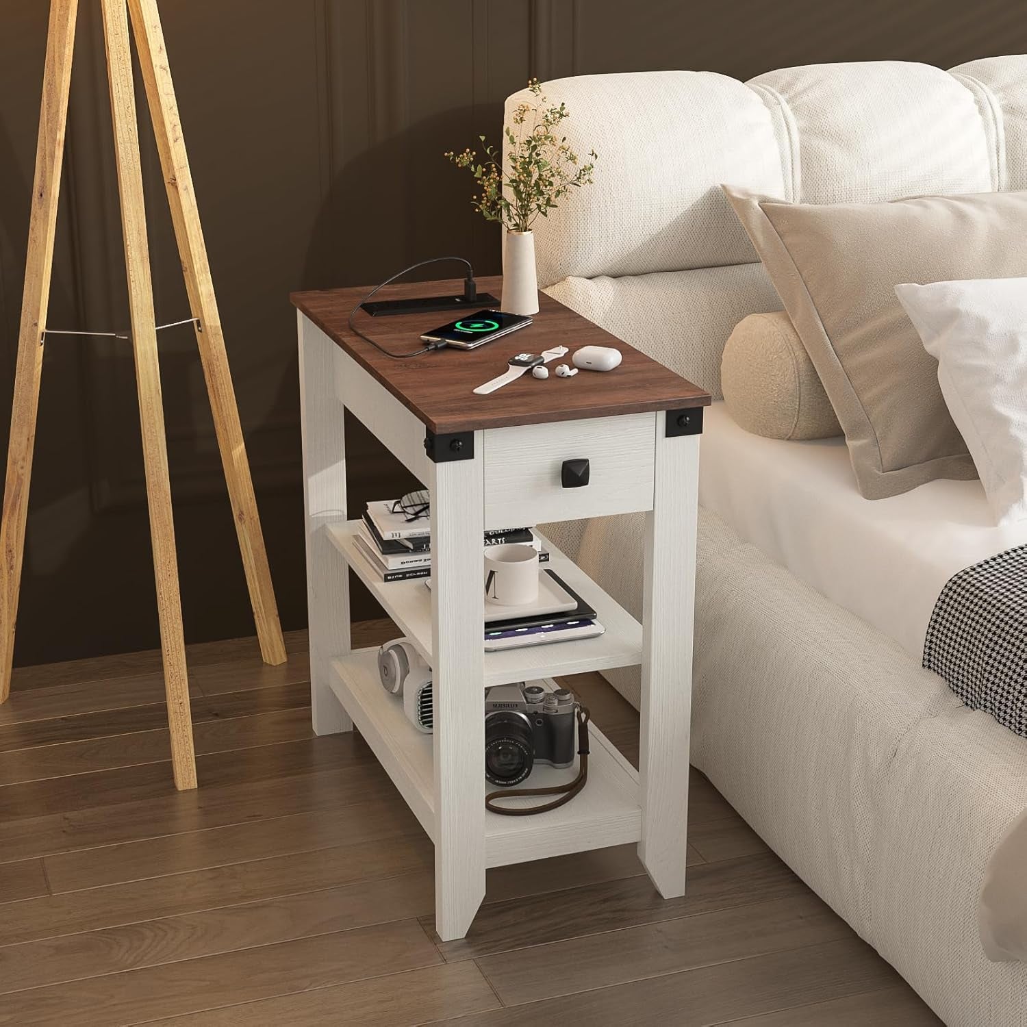 End Tables Living Room Set of 2, Narrow Side Table with Charging Station, Small Bedside Table for Small Space, Skinny Nightstand with Storage Drawer, White