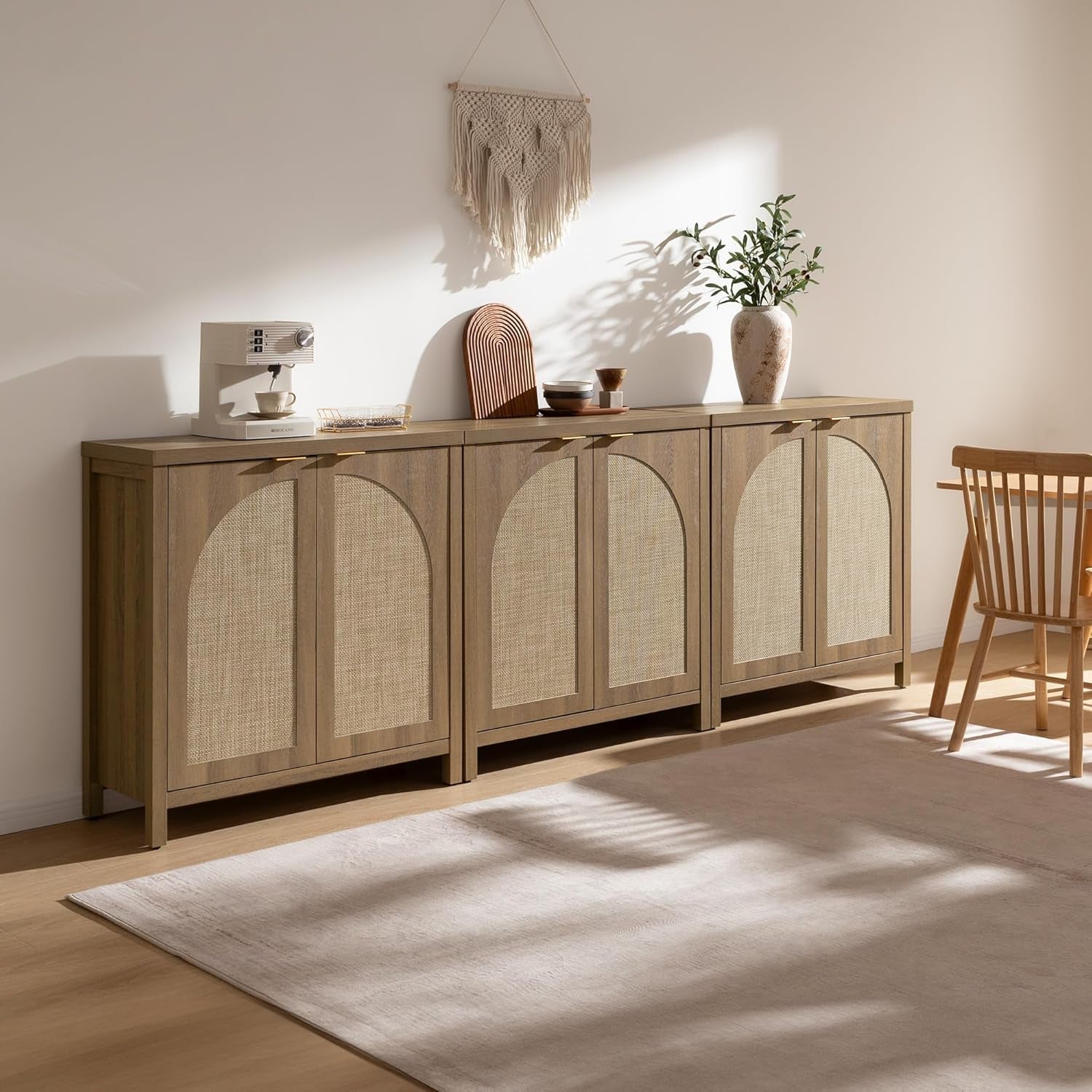 68" W Rattan Sideboard Buffet Cabinet with Storage Set of 2, Mid Century Modern Credenza with Arch Doors & Shelves Farmhouse Coffee Bar Media Console Cabinets for Living Room, Entryway