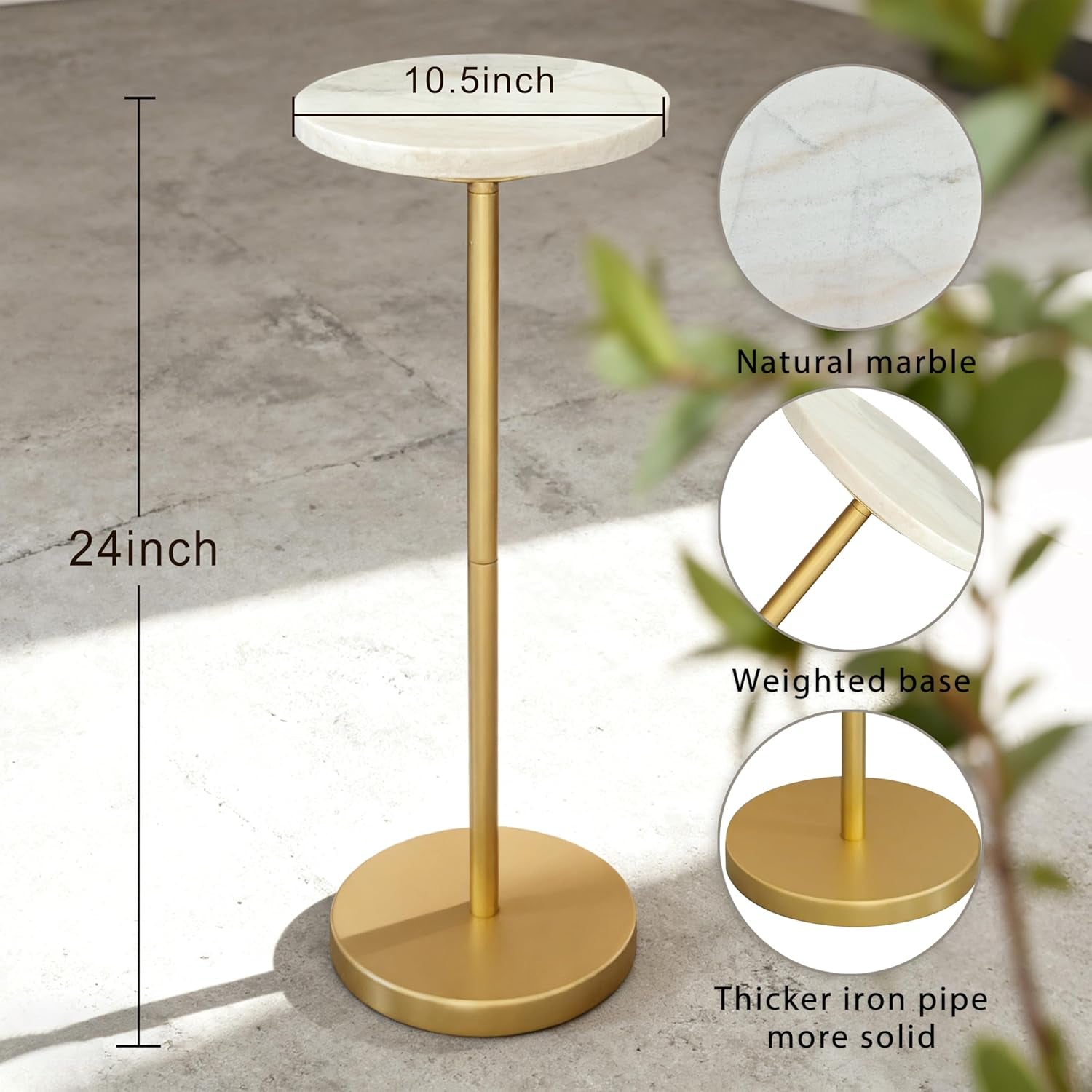 Nature Marble Drink Table, Pedestal Table, Small round Side Table, Martini Table for Living Room, Bathroom, Small Space, White