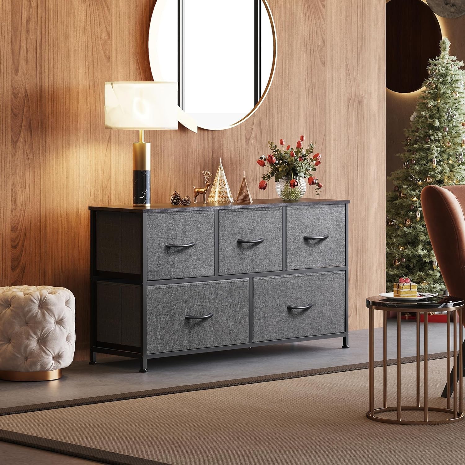 Dresser for Bedroom with 5 Drawers, Wide Chest of Drawers, Fabric Dresser, Storage Organizer Unit with Fabric Bins for Closet, Living Room, Hallway, Dark Grey