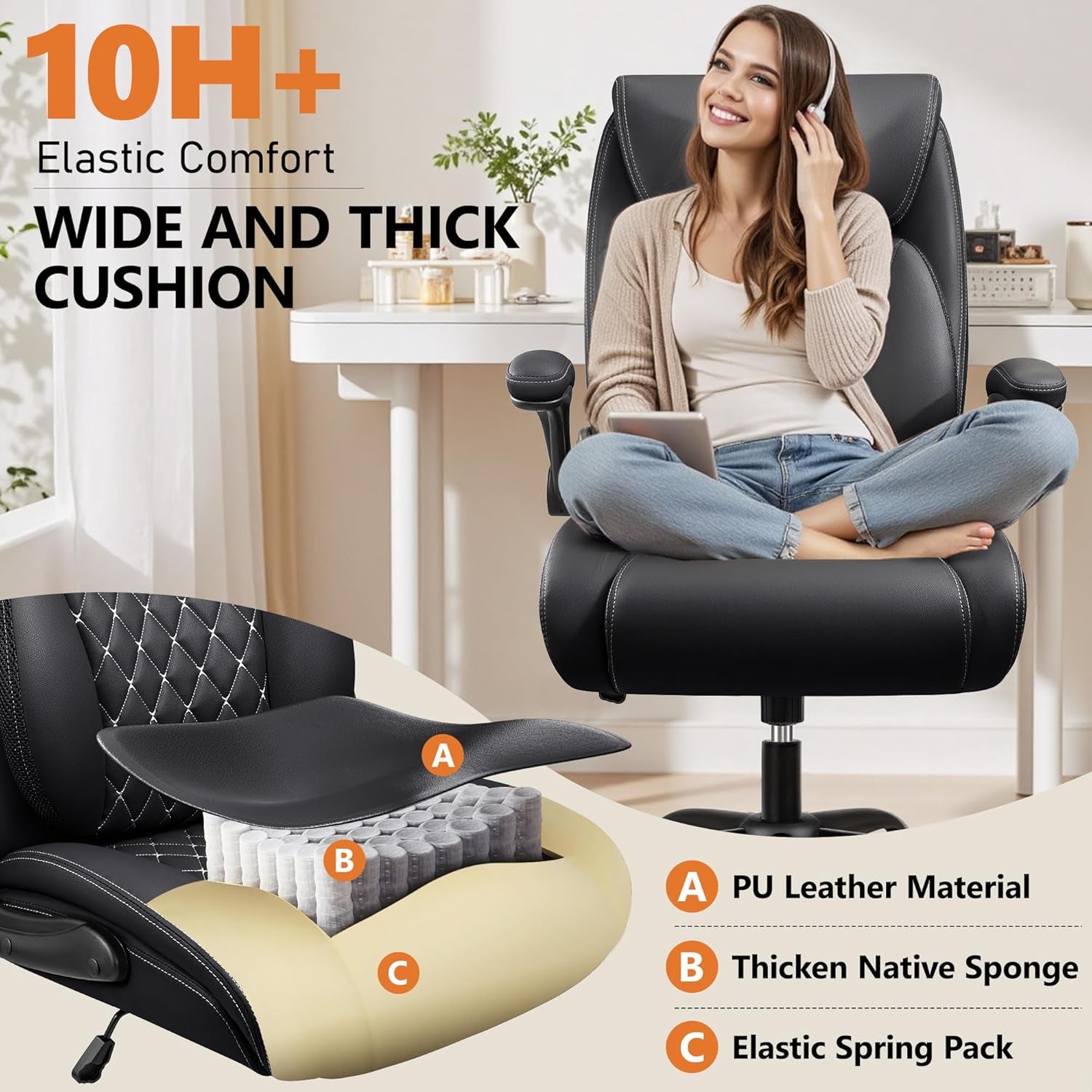 Office Chair,Ergonomic Office Chair with Lumbar Support for Lower Back Pain Relief, Executive Leather Chair with Padded Flip-Up Arms, Wheels and Adjustable Armrests, Black