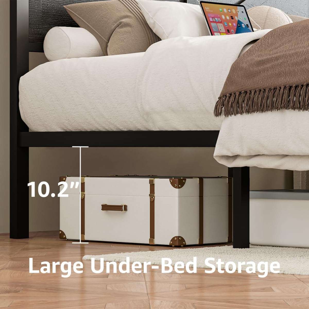 Rustic King Size Bed Frame with Storage Drawers and Barn Door Headboard, Farmhouse LED King Bed Frame with Charging Station, Metal Industrial Platform Bed Frames, No Box Spring Needed, Black