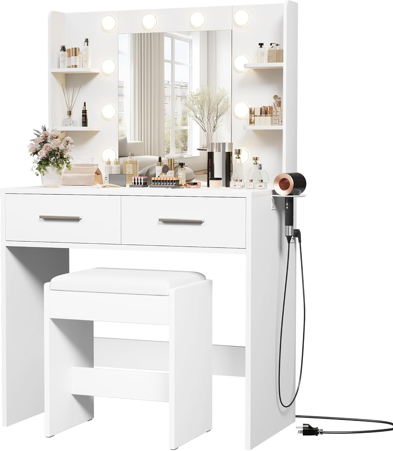 Make up Vanity Desk with Mirror and Power Outlet, Vanity with 3 Color Light Options Adjustable Brightness,Vanity Desk with 2 Drawers, 6 Storage Shelves (White, with Bench)