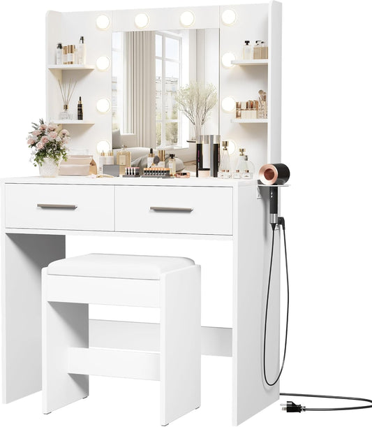 Make up Vanity Desk with Mirror and Power Outlet, Vanity with 3 Color Light Options Adjustable Brightness,Vanity Desk with 2 Drawers, 6 Storage Shelves (White, with Bench)