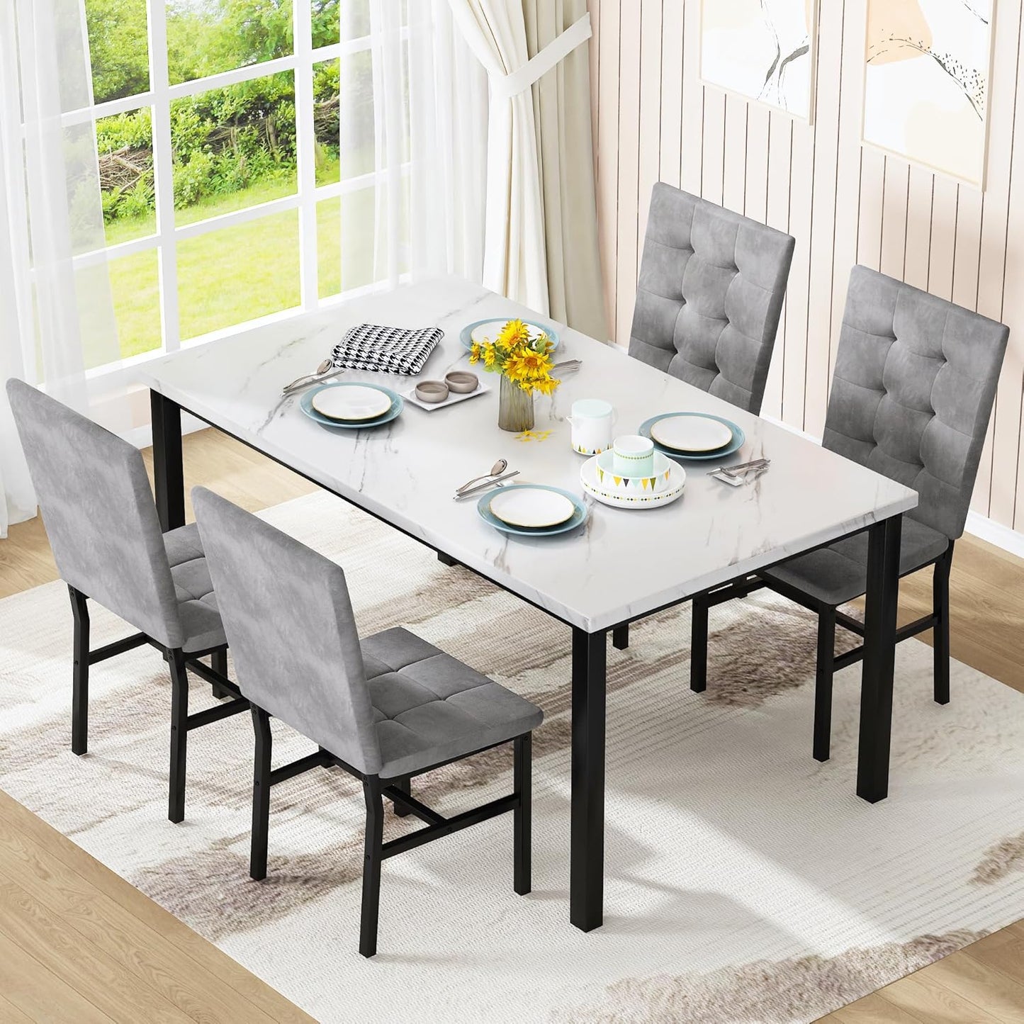 Dining Table Set for 4,Faux Marble Kitchen Table and Chairs Set of 4, Modern Dining Room Set for 4,Dinner Table Set with Velvet Chairs, Dining Set for Small Spaces,White & Grey