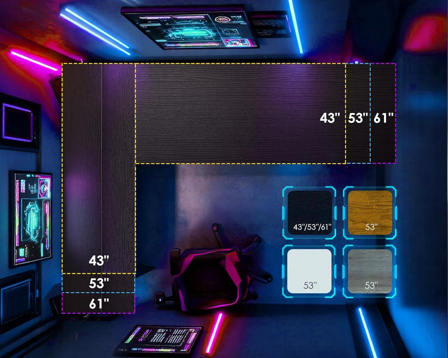 L Shaped Desk Gaming Desk with LED Light & Power Outlet, 53 Inch Reversible L Shaped Computer Table with Shelf & Storage Bag & Hook for Home Office, Black