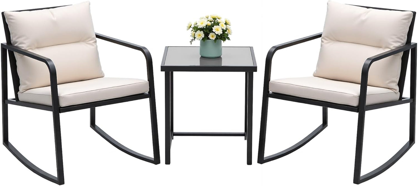 3 Piece Rocking Bistro Set Wicker Patio Outdoor Furniture Porch Chairs Conversation Sets with Glass Coffee Table (Beige)