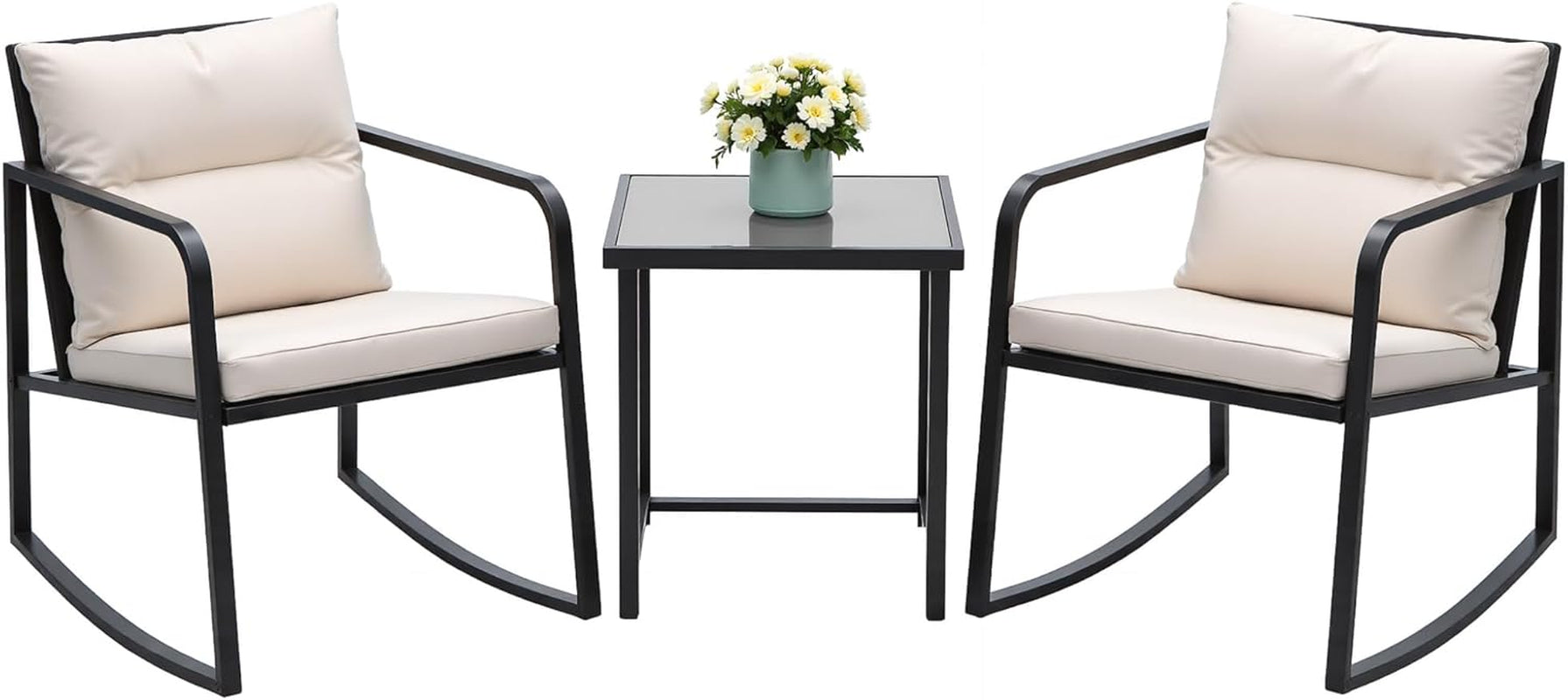 3 Piece Rocking Bistro Set Wicker Patio Outdoor Furniture Porch Chairs Conversation Sets with Glass Coffee Table (Beige)