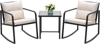 3 Piece Rocking Bistro Set Wicker Patio Outdoor Furniture Porch Chairs Conversation Sets with Glass Coffee Table (Beige)