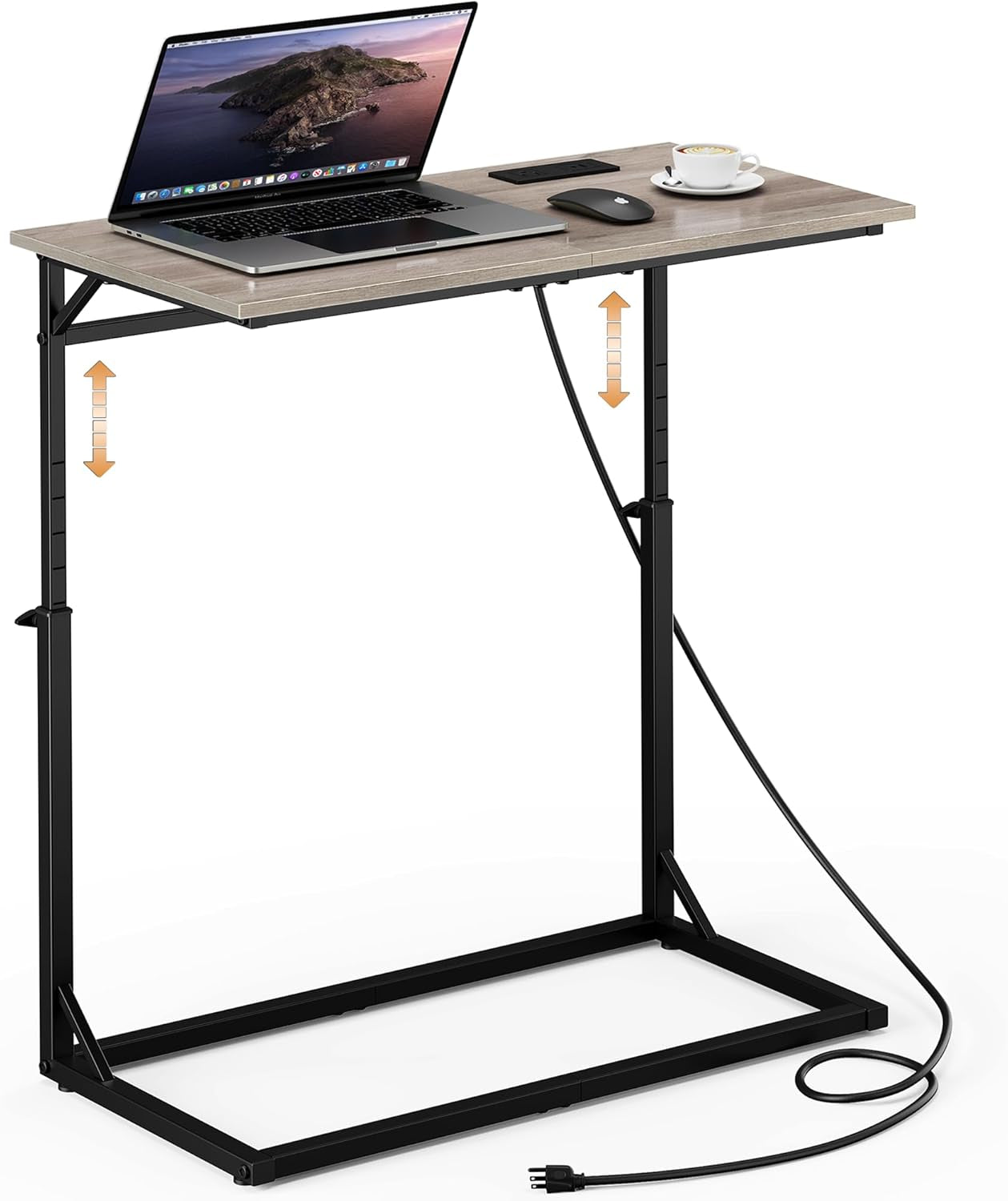 C Shaped End Table with Charging Station, C-Table End Table Adjustable Height Side Table for Couch, Large Couch Table, Slide under Couch Table TV Tray Table for Sofa,Living Room,Bedroom, Grey