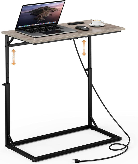 C Shaped End Table with Charging Station, C-Table End Table Adjustable Height Side Table for Couch, Large Couch Table, Slide under Couch Table TV Tray Table for Sofa,Living Room,Bedroom, Grey