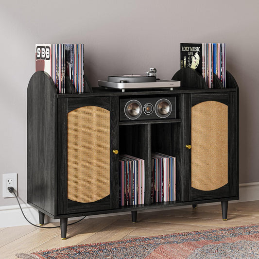 Mid-Century Record Player Stand, Vinyl Record Storage Cabinet Holds up to 350+ Albums, Rattern Decorated Turntable Stand with Power Outlet for Living Room, Office - Brown