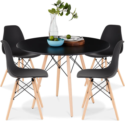 5-Piece Dining Set, Compact Mid-Century Modern Table & Chair Set for Home, Apartment W/ 4 Chairs, Plastic Seats, Wooden Legs, Metal Frame - Black/Oak