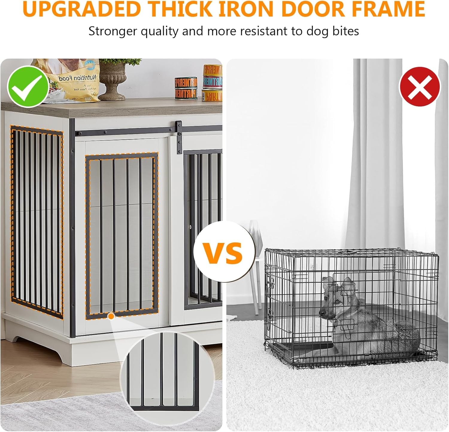 2-In-1 Double Dog Crate Furniture with Divider 60.6 Inch White Sturdy Heavy Duty Dog Crate TV Stand with 2 Sliding Doors and Thick Iron Door Frame for 2 Dogs