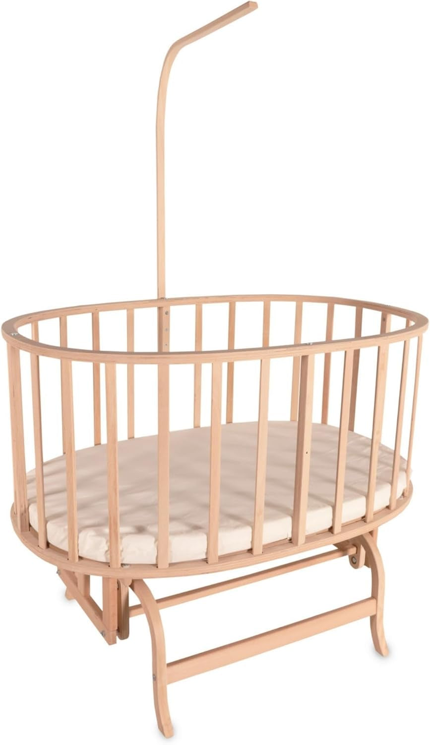 Wooden Baby Bassinet with Canopy, Natural Beech Cradle with Rocking & Locking Function, Includes 100% Cotton Bedding Set, Mattress, Pillow, Bumper, Mosquito Net, Baby Crib for Newborn to 24 Months