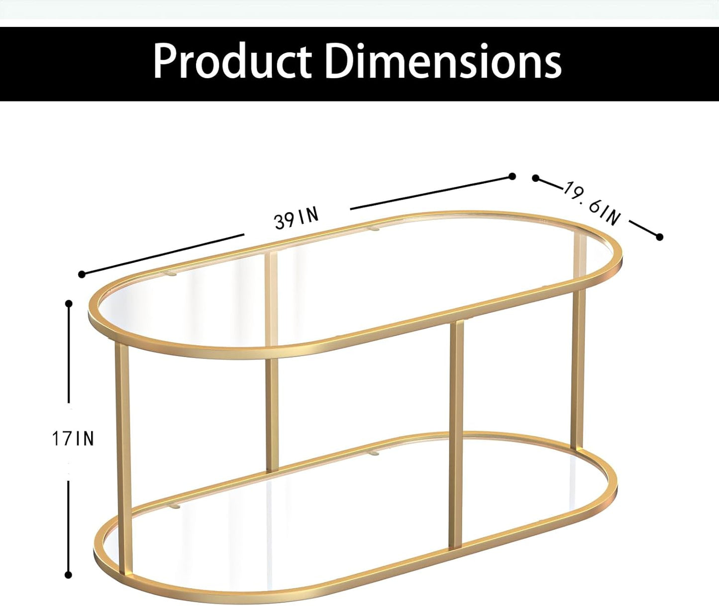 Coffee Table Gold Glass Coffee Table for Living Room,2 Tiers Oval Center Table with Sturdy Metal Frame,Modern Tempered Glass Accent Table for Bedroom Home Office