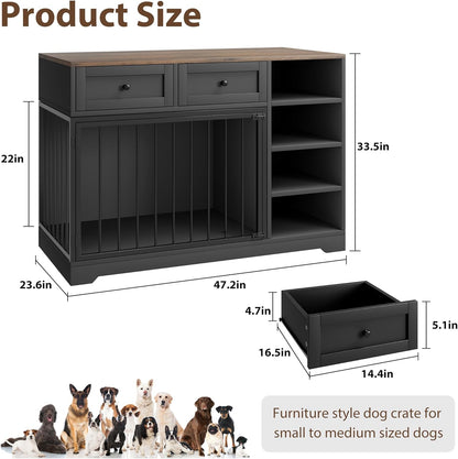 82” Large Dog Crate for 2 Dogs, Dog Kennel Indoor with 4 Drawers and Shelves, Double Dog Crate Furniture TV Stand, Wooden Dog Cage for Medium Large Dogs, Brown