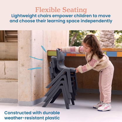 12In Plastic School Stack Chair, Classroom Furniture, Grey, 4-Pack