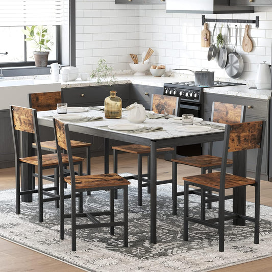 Dining Chair Set of 6, Wood Kitchen Chairs with Metal Steel Frame, Easy to Assemble, Comfortable Seat, Modern Farmhouse Chair for Kitchen, Bedroom, Living Room, Rustic Brown and Ink Black