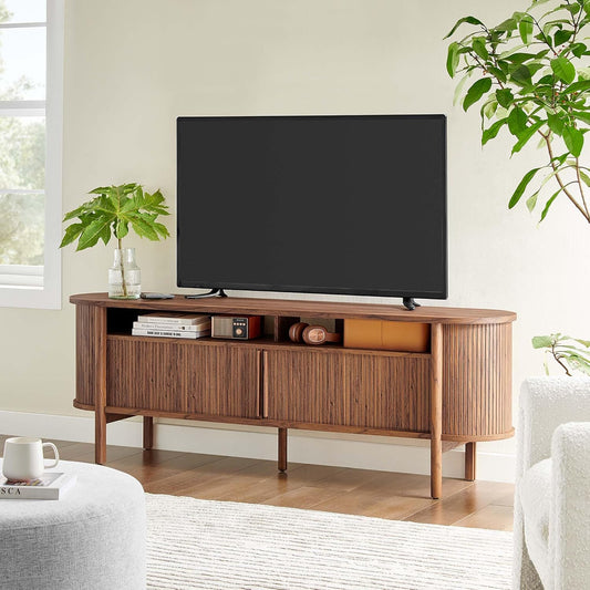 Cadence 71 Inch Fluted TV Stand in Walnut Wood Grain - Mid-Century Modern Media Storage Cabinet - TV Console Table - Media Console Furniture