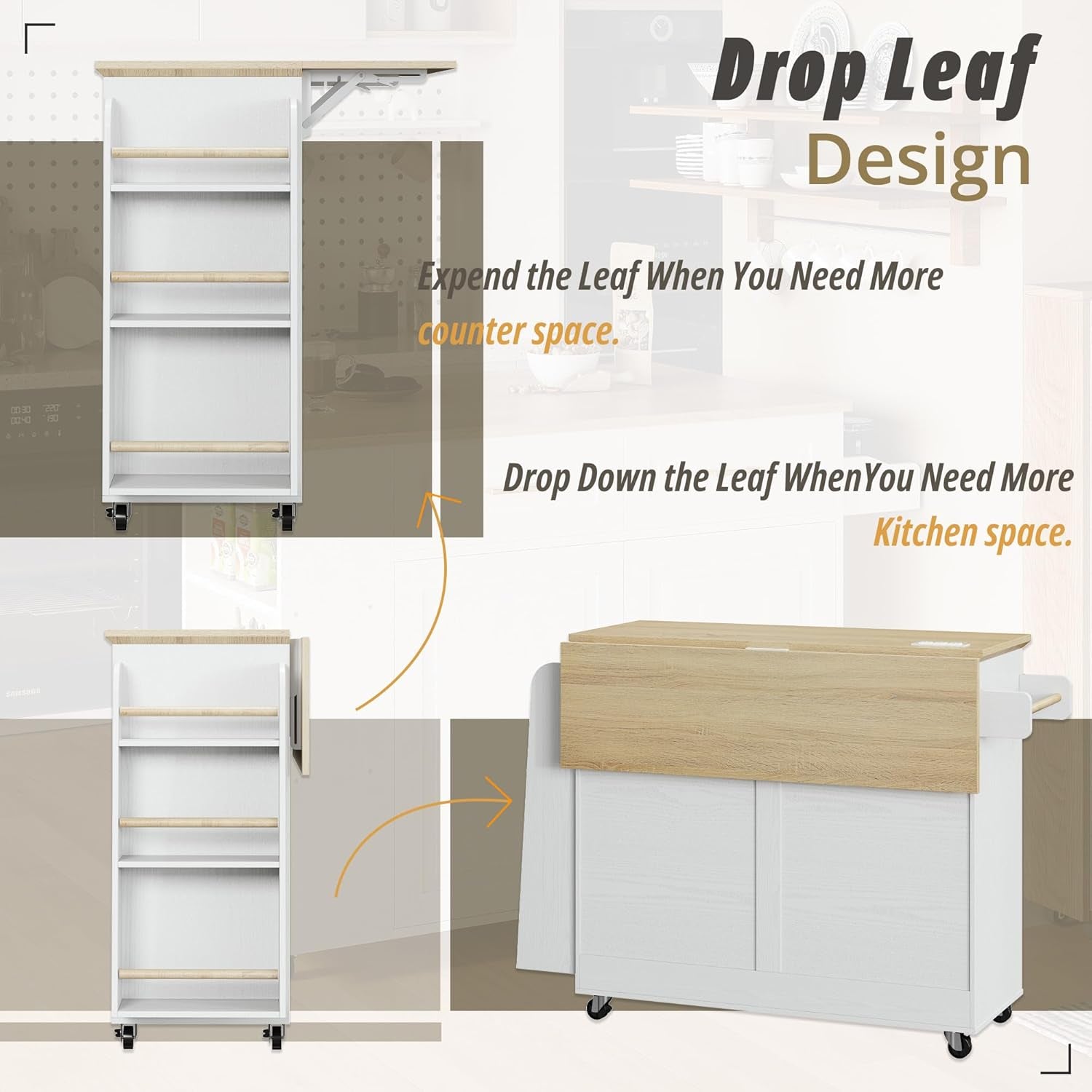 Kitchen Island Table with Storage, Rolling Kitchen Cart with Power Outlet, Storage Cabinets on Wheels with Drop Leaf, Portable for Dining Room, White