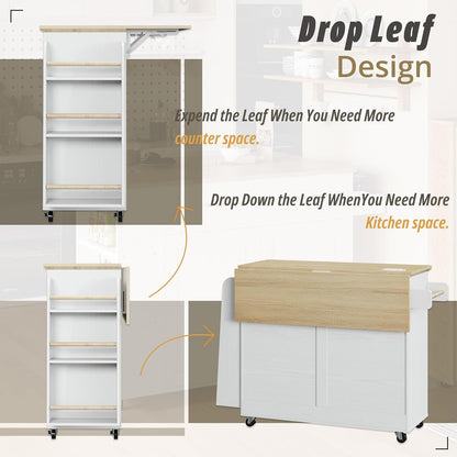 Kitchen Island Table with Storage, Rolling Kitchen Cart with Power Outlet, Storage Cabinets on Wheels with Drop Leaf, Portable for Dining Room, White